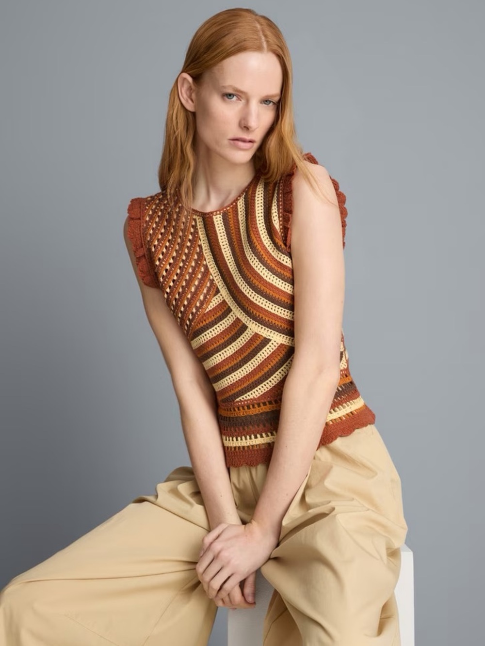 Crochet Stripe Sleeveless Top in Rust, Mustard & Brown